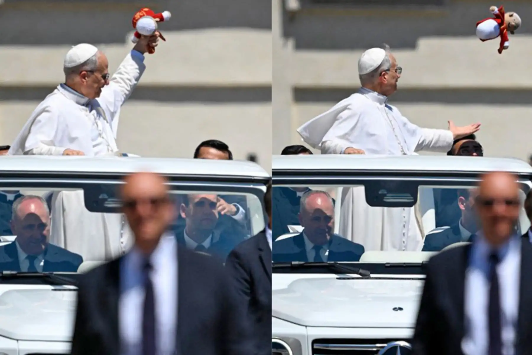 El Papa León XIV reacciona tras agarrar un títere lanzado por un fiel mientras salía en un papamóvil tras la audiencia general semanal en la Plaza de San Pedro del Vaticano. Foto: AFP