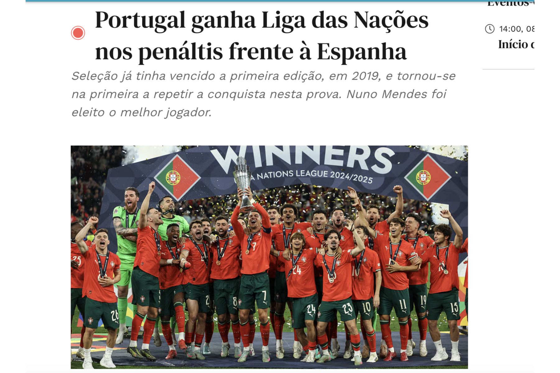 Diario de Noticias de Portugal. Así informaron los principales diarios del mundo sobre el triunfo de Portugal de Cristiano Ronaldo ante España en la final de la UEFA Nations League. Foto: Captura