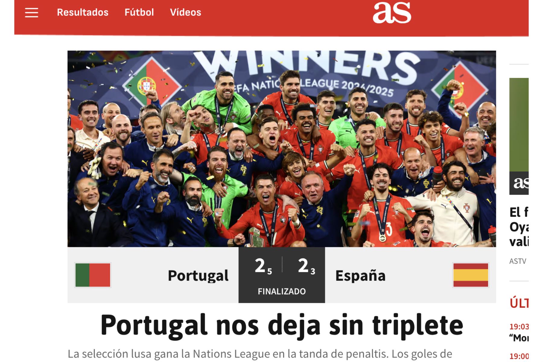 As de España. Así informaron los principales diarios del mundo sobre el triunfo de Portugal de Cristiano Ronaldo ante España en la final de la UEFA Nations League. Foto: Captura