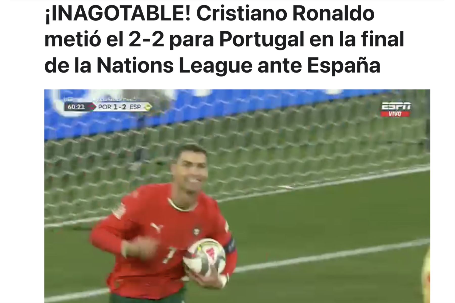 ESPN de Estados Unidos. Así informaron los principales medios del mundo sobre el triunfo de Portugal de Cristiano Ronaldo ante España en la final de la UEFA Nations League. Foto: Captura