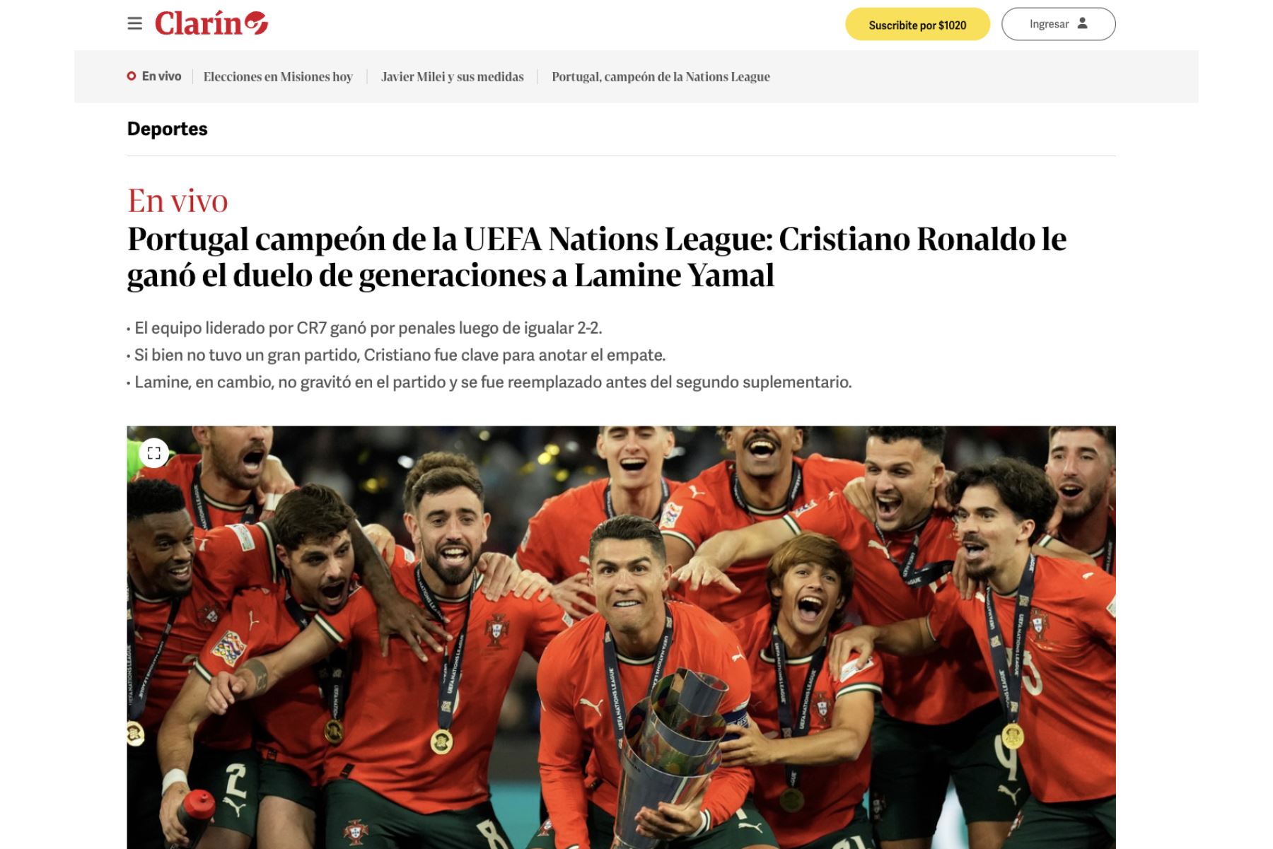 Clarín de Argentina. Así informaron los principales medios del mundo sobre el triunfo de Portugal de Cristiano Ronaldo ante España en la final de la UEFA Nations League. Foto: Captura