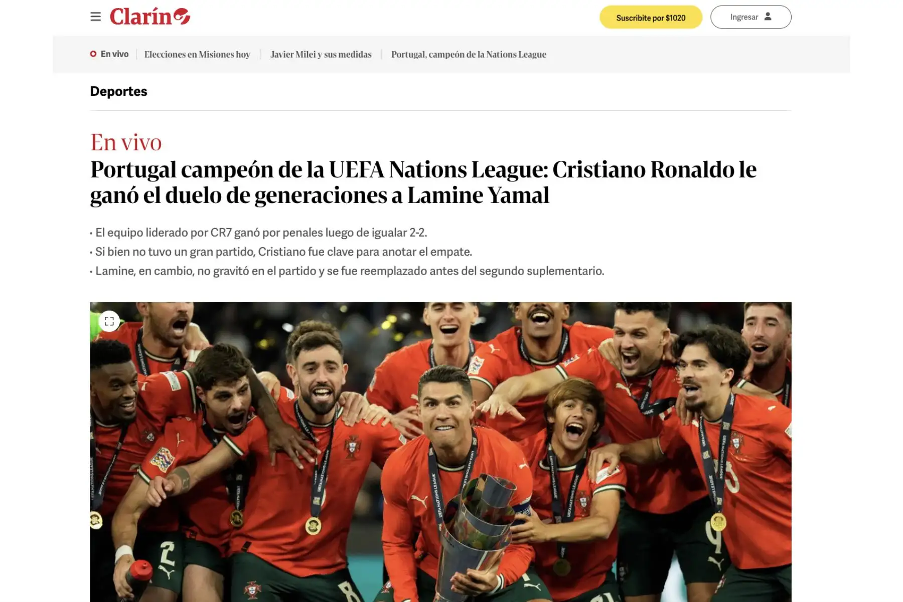 Clarín de Argentina. Así informaron los principales medios del mundo sobre el triunfo de Portugal de Cristiano Ronaldo ante España en la final de la UEFA Nations League. Foto: Captura