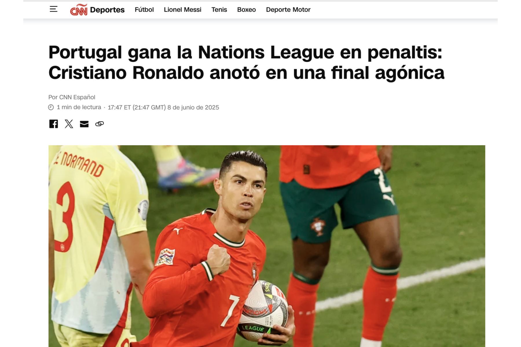 CNN de Estados Unidos. Así informaron los principales medios del mundo sobre el triunfo de Portugal de Cristiano Ronaldo ante España en la final de la UEFA Nations League. Foto: Captura