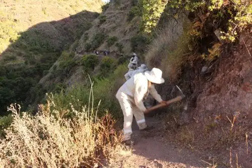 Trabajadores municipales y comuneros del distrito de Paccaritambo, en la provincia cusqueña de Paruro limpian acceso a parque arqueológico Mak