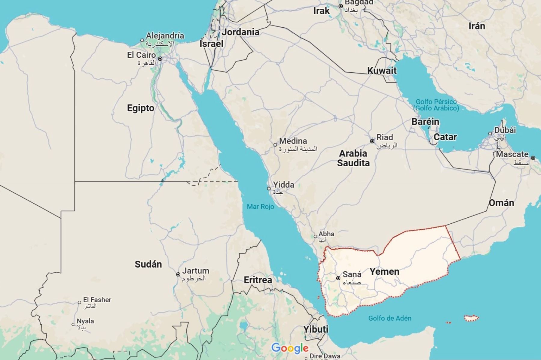 Mapa de ubicación: Yemen e Israel. Imagen: Google Maps.