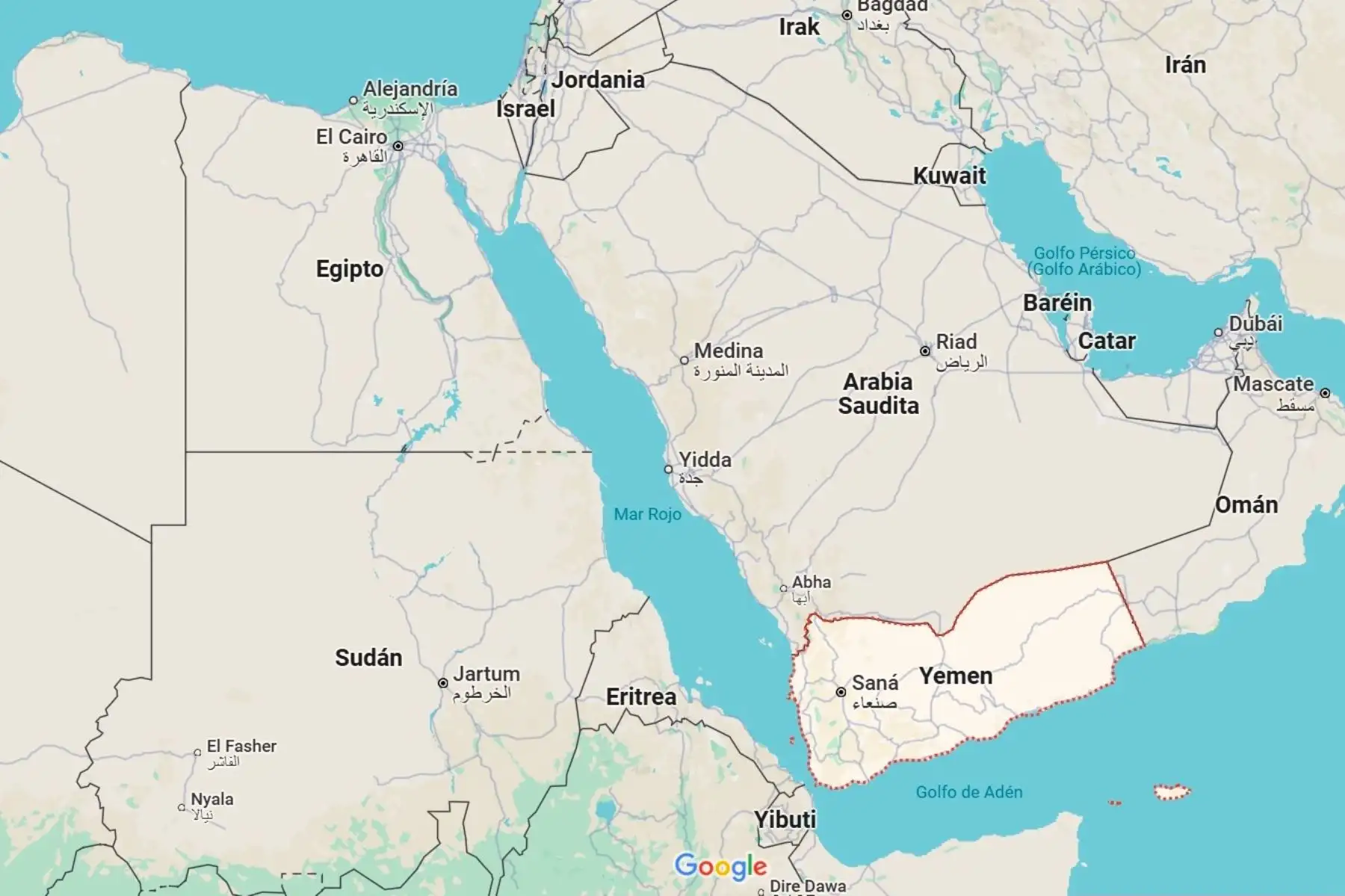 Mapa de ubicación: Yemen e Israel. Imagen: Google Maps.