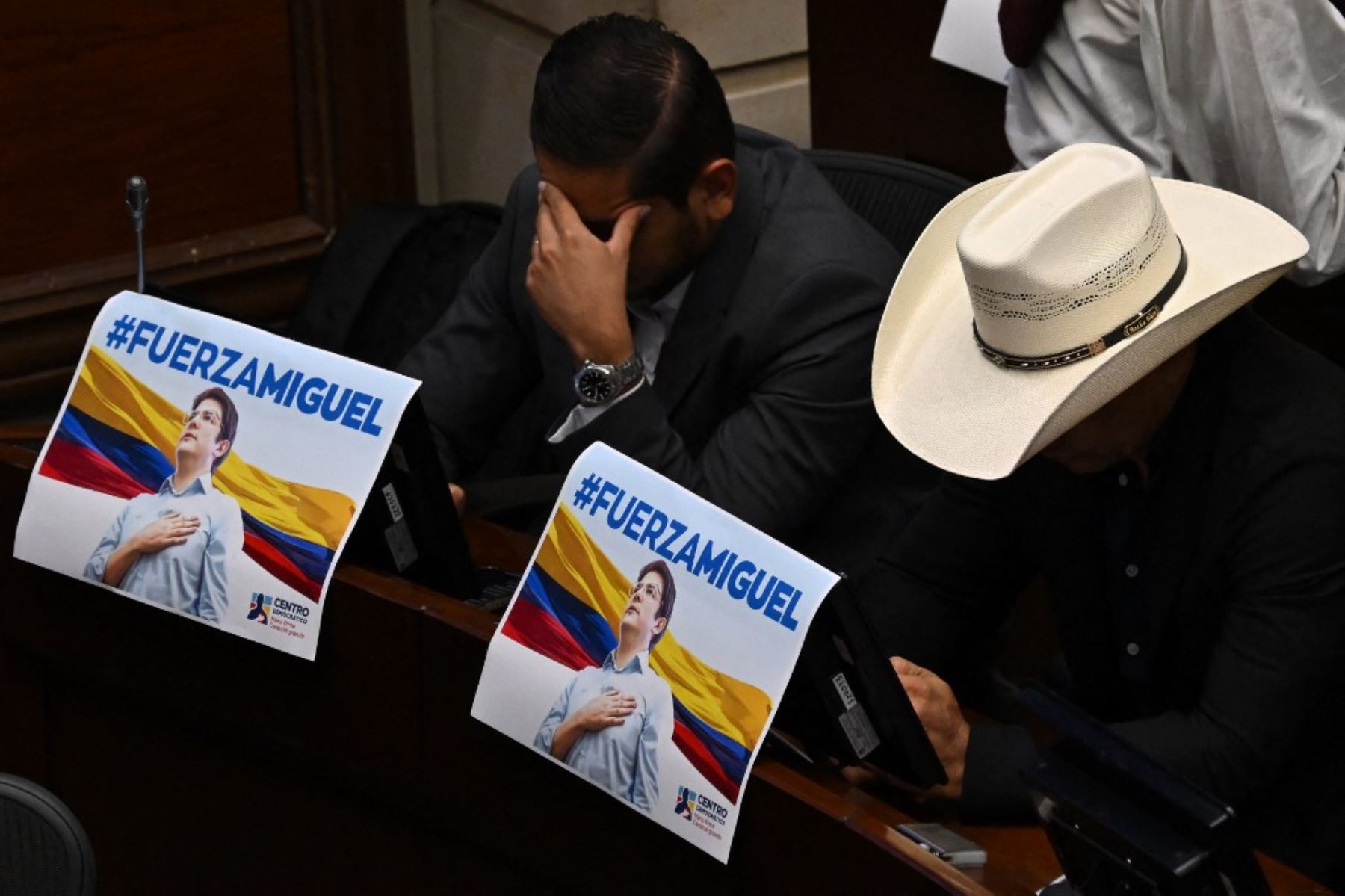 Carteles con la foto del senador y candidato presidencial colombiano Miguel Uribe, que decían "Fuerza, Miguel", se ven en el Congreso de Bogotá el 9 de junio de 2025. Miguel Uribe, de 39 años, recibió un disparo a quemarropa de un presunto sicario de 15 años mientras hacía campaña en Bogotá el sábado. Foto: AFP
