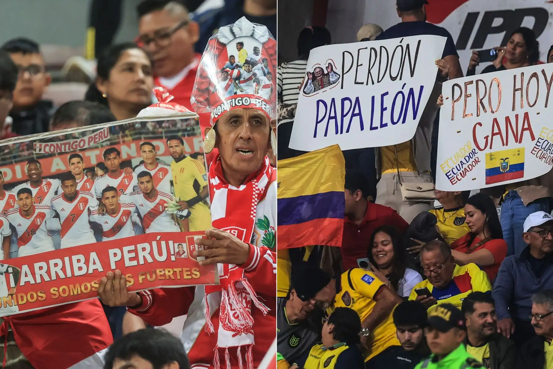 Hinchas peruanos y ecuatorianos alientan en el Estadio Nacional, previo al encuentro entre Perú y Ecuador por las eliminatorias rumbo al Mundial 2026. Foto: ANDINA/Jhonel Rodríguez Robles