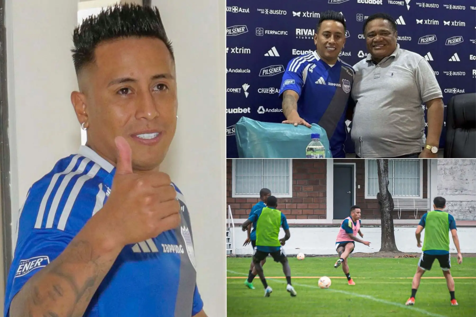El peruano Christian Cueva fue presentado como nuevo refuerzo de Emelec, donde espera aportar su experiencia para devolver al club a los primeros lugares del fútbol ecuatoriano. Tras dejar Cienciano, Cueva se mostró motivado por este nuevo reto y destacó la buena acogida que ha tenido en el equipo. El volante firmó hasta junio de 2026 y podría debutar este sábado frente a Delfín, en un duelo clave para salir de los últimos puestos. Foto: Composición digital con fotos de EFE y redes sociales