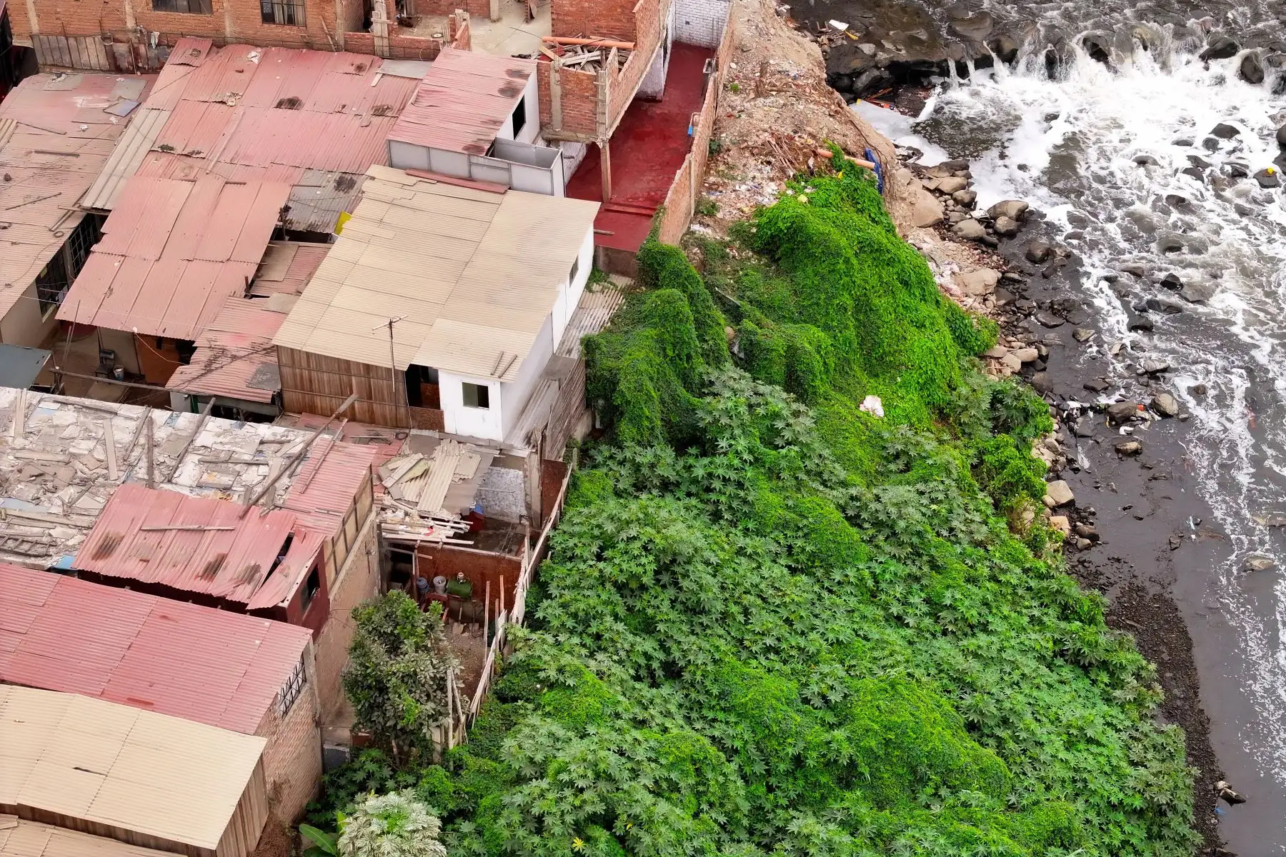 A la altura del cruce de las avenidas Morales Duárez y Universitaria en el Callao, por donde pasa el río Rímac, se observan algunas casas de material noble y precario construidas en los bordes del cause, las cuales en un eventual movimiento sísmico de gran magnitud podrían colapsar y poner en riesgo la vida de sus residentes. Foto: ANDINA/Daniel Bracamonte