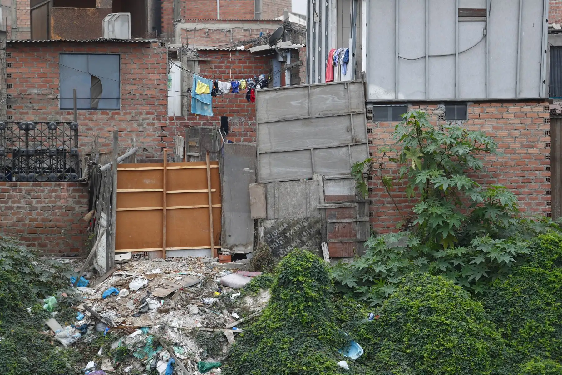 A la altura del cruce de las avenidas Morales Duárez y Universitaria en el Callao, por donde pasa el río Rímac, se observan algunas casas de material noble y precario construidas en los bordes del cause, las cuales en un eventual movimiento sísmico de gran magnitud podrían colapsar y poner en riesgo la vida de sus residentes. Foto: ANDINA/Daniel Bracamonte