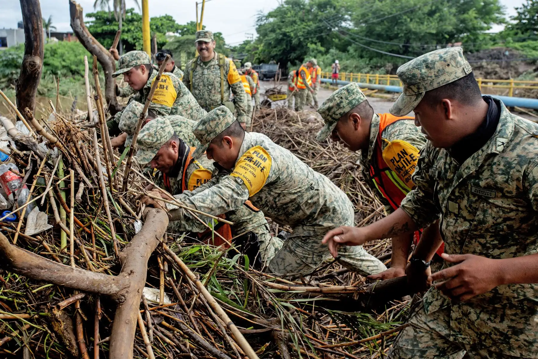 Miembros de la Armada de México ayudan a limpiar árboles caídos tras el paso del huracán Erick por la ciudad de Juchitán, estado de Oaxaca, México. AFP