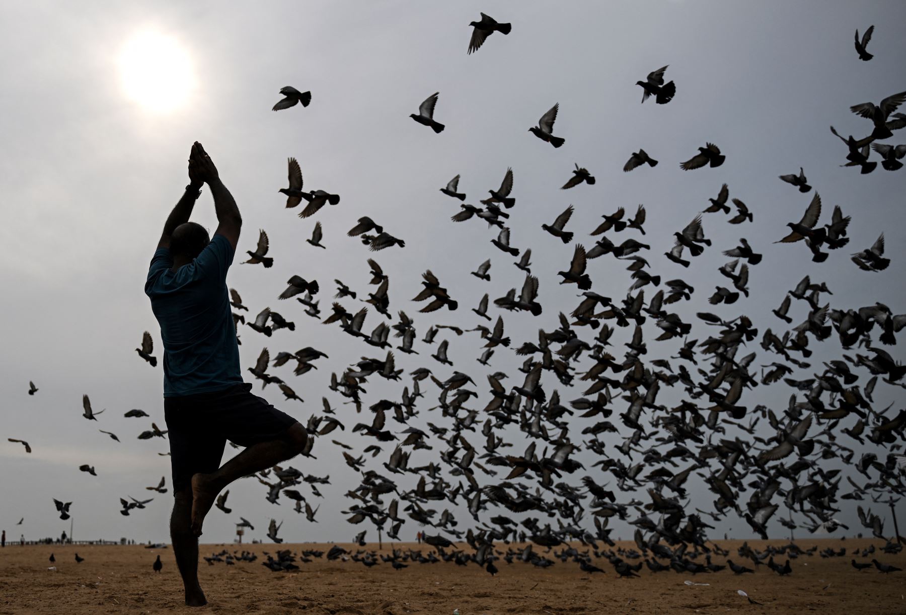Un hombre practica yoga en Marina Beach en el Día Internacional del Yoga, en Chennai. las Naciones Unidas proclamaron el 21 de junio como el Día Internacional del Yoga mediante la resolución 69/131 . El Día Internacional del Yoga tiene como objetivo crear conciencia en todo el mundo sobre los numerosos beneficios de la práctica del yoga. AFP