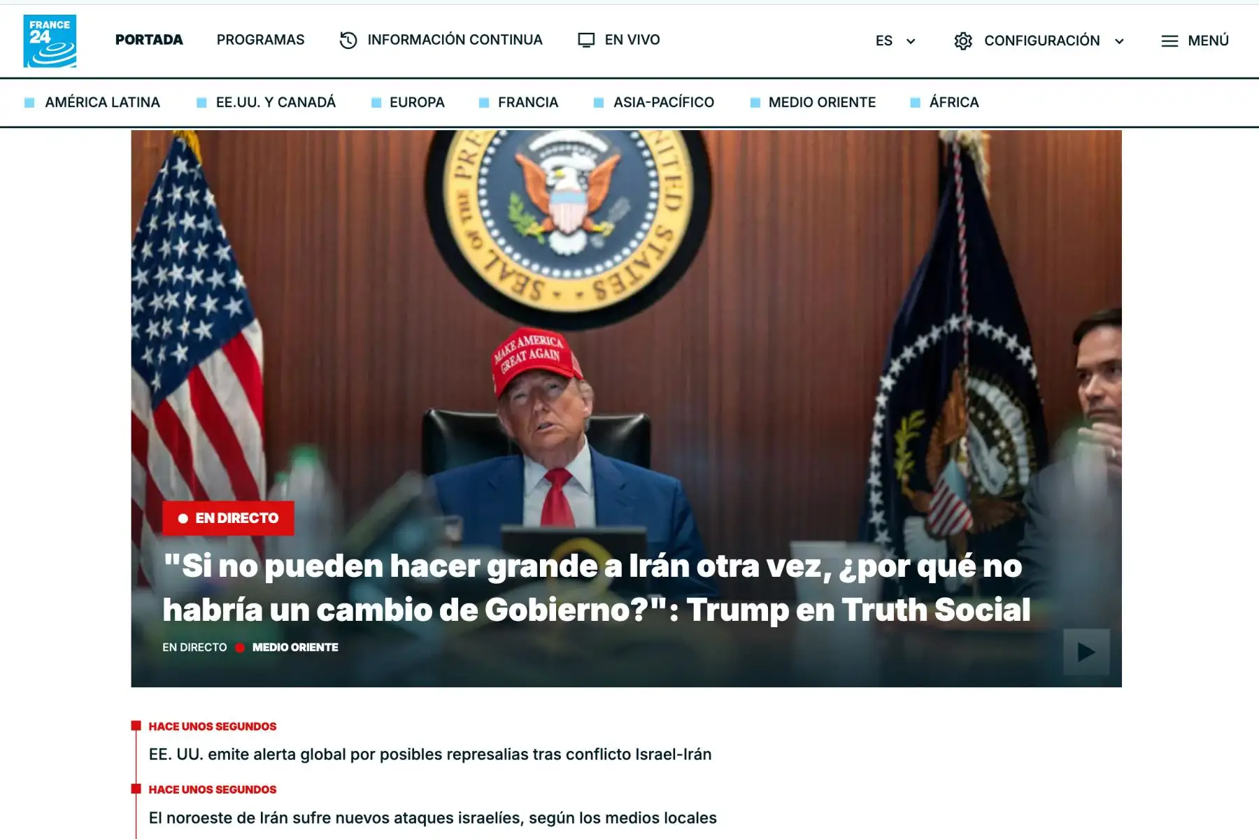 Así informó France 24 sobre el reciente ataque aéreo con misiles de los EE.UU. hacia Irán, por órdenes del presidente norteamericano Donald Trump. Foto: INTERNET/Medios