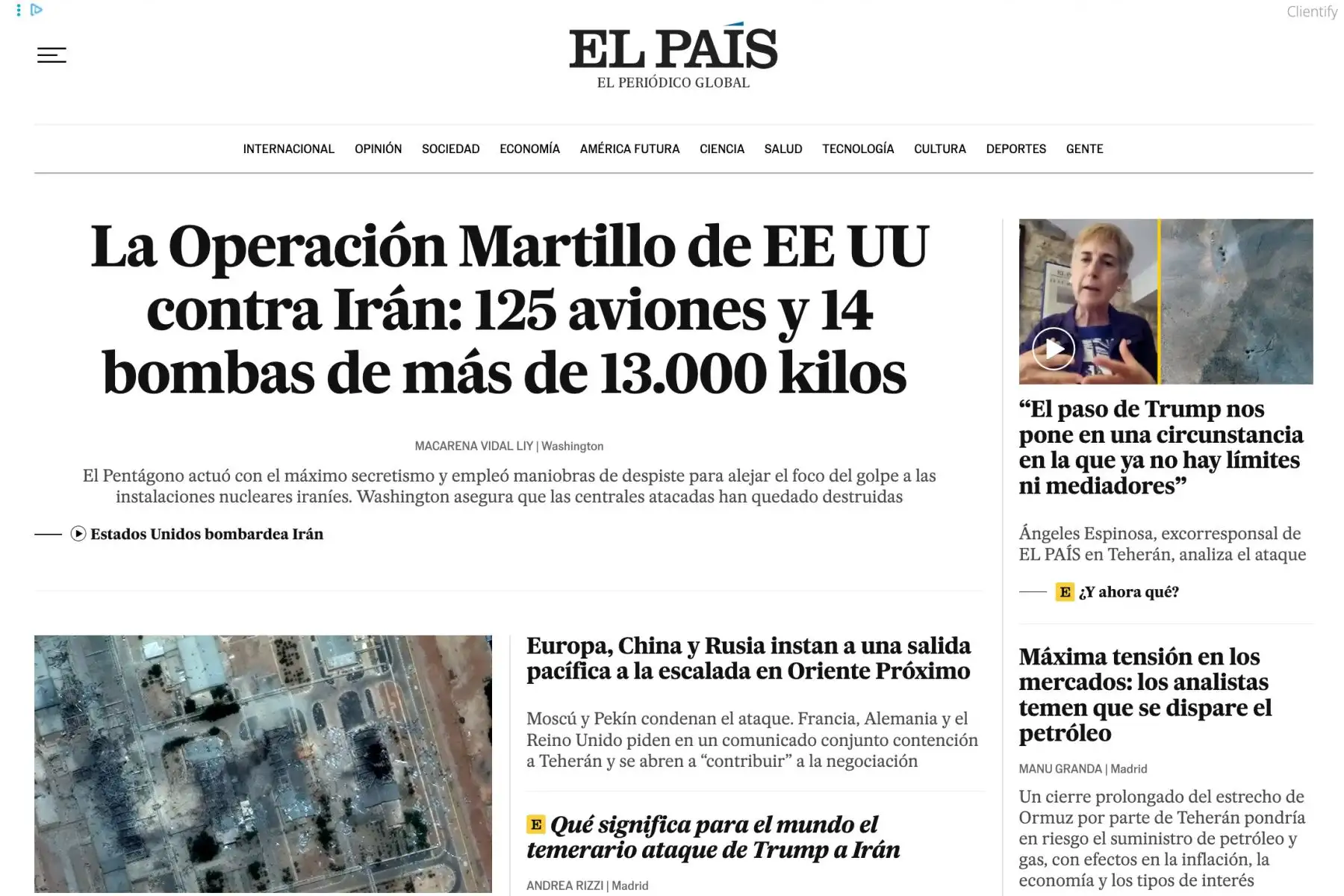 Así informó el diario El País de España sobre el reciente ataque aéreo con misiles de los EE.UU. hacia Irán, por órdenes del presidente norteamericano Donald Trump. Foto: INTERNET/Medios