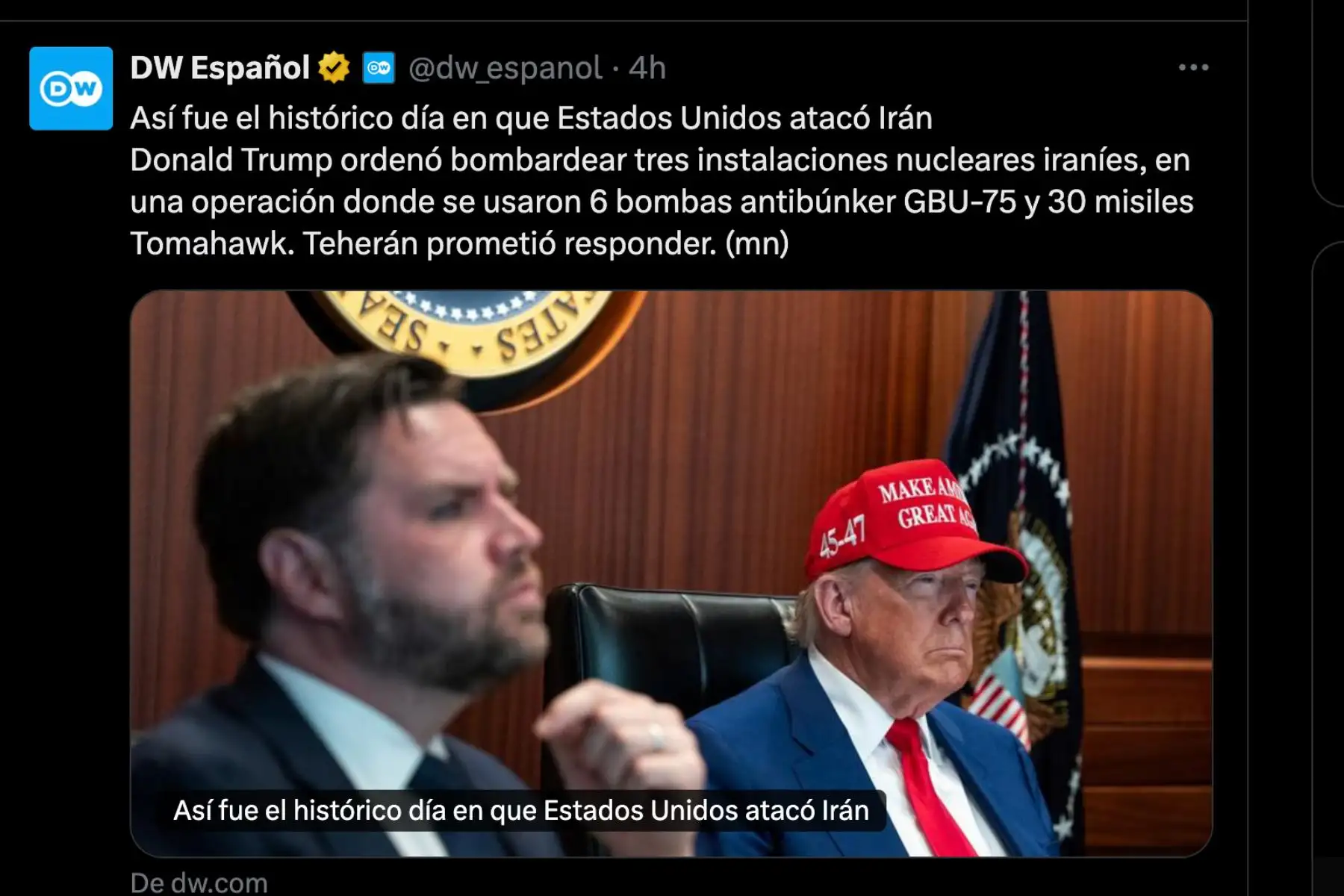 Así informó la cadena europea DW sobre el reciente ataque aéreo con misiles de los EE.UU. hacia Irán, por órdenes del presidente norteamericano Donald Trump. Foto: INTERNET/Medios