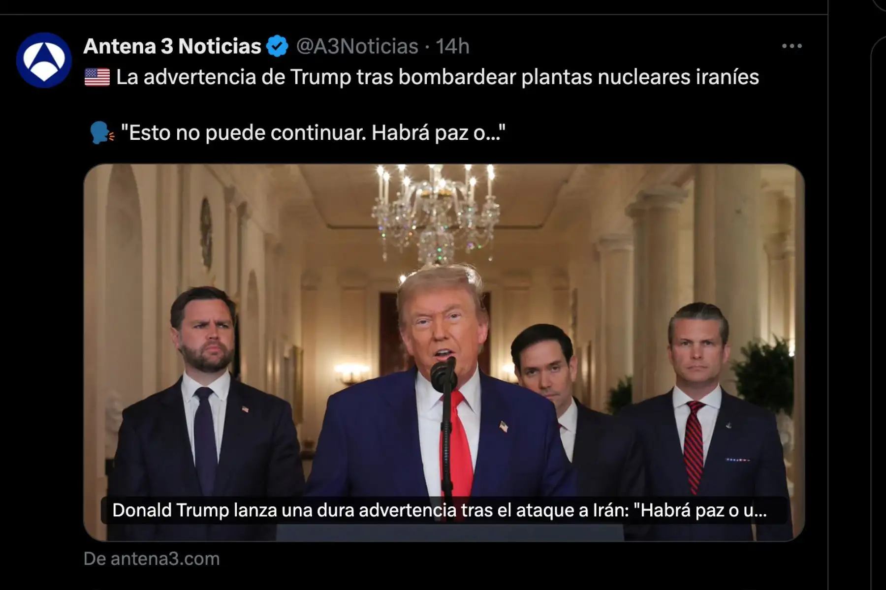 Así informó la cadena de noticias Antena 3 de España sobre el reciente ataque aéreo con misiles de los EE.UU. hacia Irán, por órdenes del presidente norteamericano Donald Trump. Foto: INTERNET/Medios