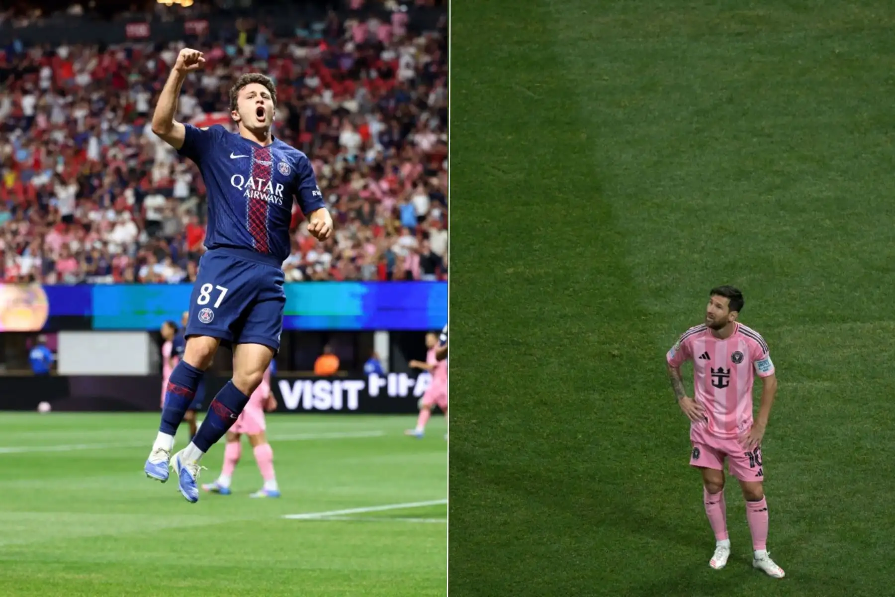 El Paris Saint-Germain venció 4-0 al Inter Miami de Lionel Messi y avanzó a los cuartos de final del Mundial de Clubes. João Neves anotó dos goles, mientras que Achraf Hakimi y un autogol de Tomás Avilés completaron la goleada. Messi, a pesar de intentarlo con pases brillantes y remates esquinados, no pudo evitar la derrota ante su ex equipo. Foto: AFP
