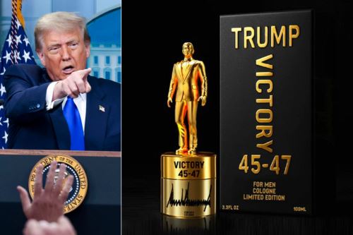 Las nuevas fragancias "al estilo Trump" son de edición limitada y con una estatua del mismo mandatario en color dorado, vestido de traje y simulando un Óscar. Foto: EFE