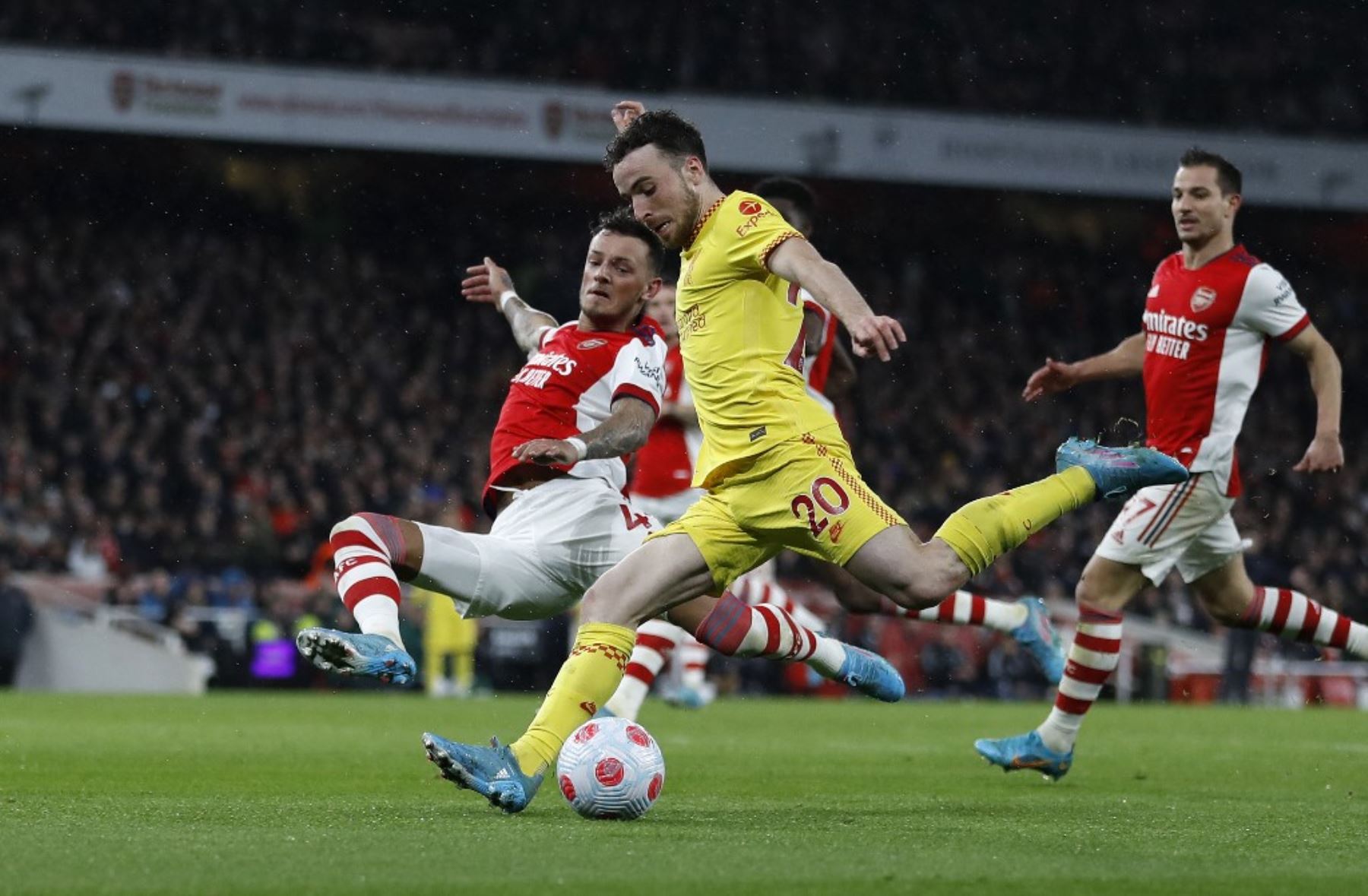 El delantero portugués del Liverpool, Diogo Jota, marcó el primer gol del partido de la Premier League entre el Arsenal y el Liverpool en el Emirates Stadium de Londres el 16 de marzo de 2022. El Liverpool ganó el partido por 2-0.n Foto: AFP