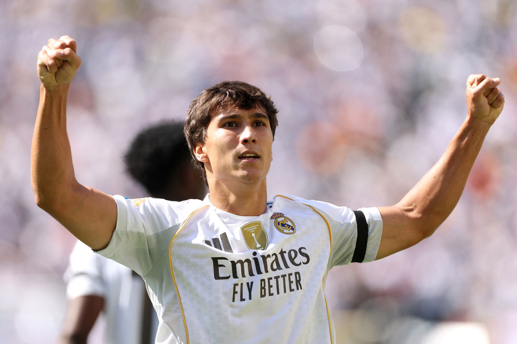 Gonzalo García  del Real Madrid marca el primer gol de su equipo durante el partido de cuartos de final de la Copa Mundial de Clubes de la FIFA 2025 entre el Real Madrid CF y el Borussia Dortmund en el MetLife Stadium en East Rutherford, Nueva Jersey. 
Foto: AFP