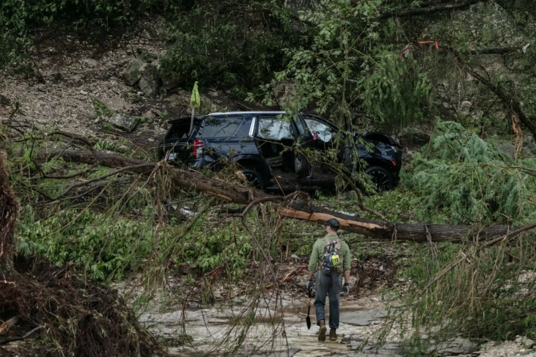Equipos de rescate utilizan helicópteros, botes y perros entrenados para localizar sobrevivientes, pero las condiciones meteorológicas y la extensión del desastre dificultan enormemente el avance de las operaciones. Foto: AFP