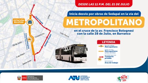 Debido a trabajos de urgencia de Sedapal, las unidades del Metropolitano circularán por un tramo de la vía para vehículos particulares en la av. Bolognesi. Foto: Difusión