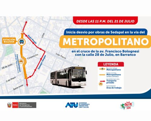 Debido a trabajos de urgencia de Sedapal, las unidades del Metropolitano circularán por un tramo de la vía para vehículos particulares en la av. Bolognesi. Foto: Difusión