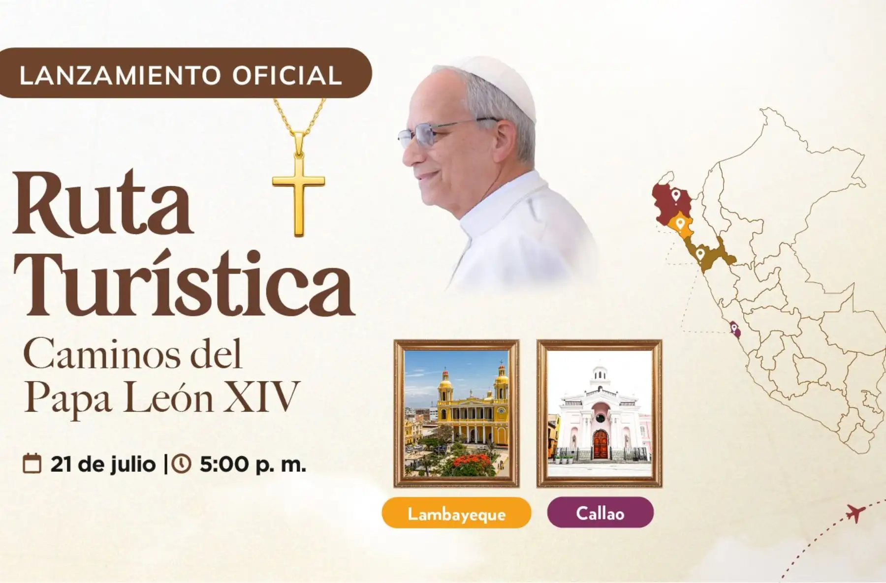 El Perú y el mundo conocerá hoy la Ruta Turiística Caminos del Papa León XIV. Durante la ceremonia se presentará, además, la campaña "La Ruta de León", que busca promover el arribo de turistas a esos destinos.