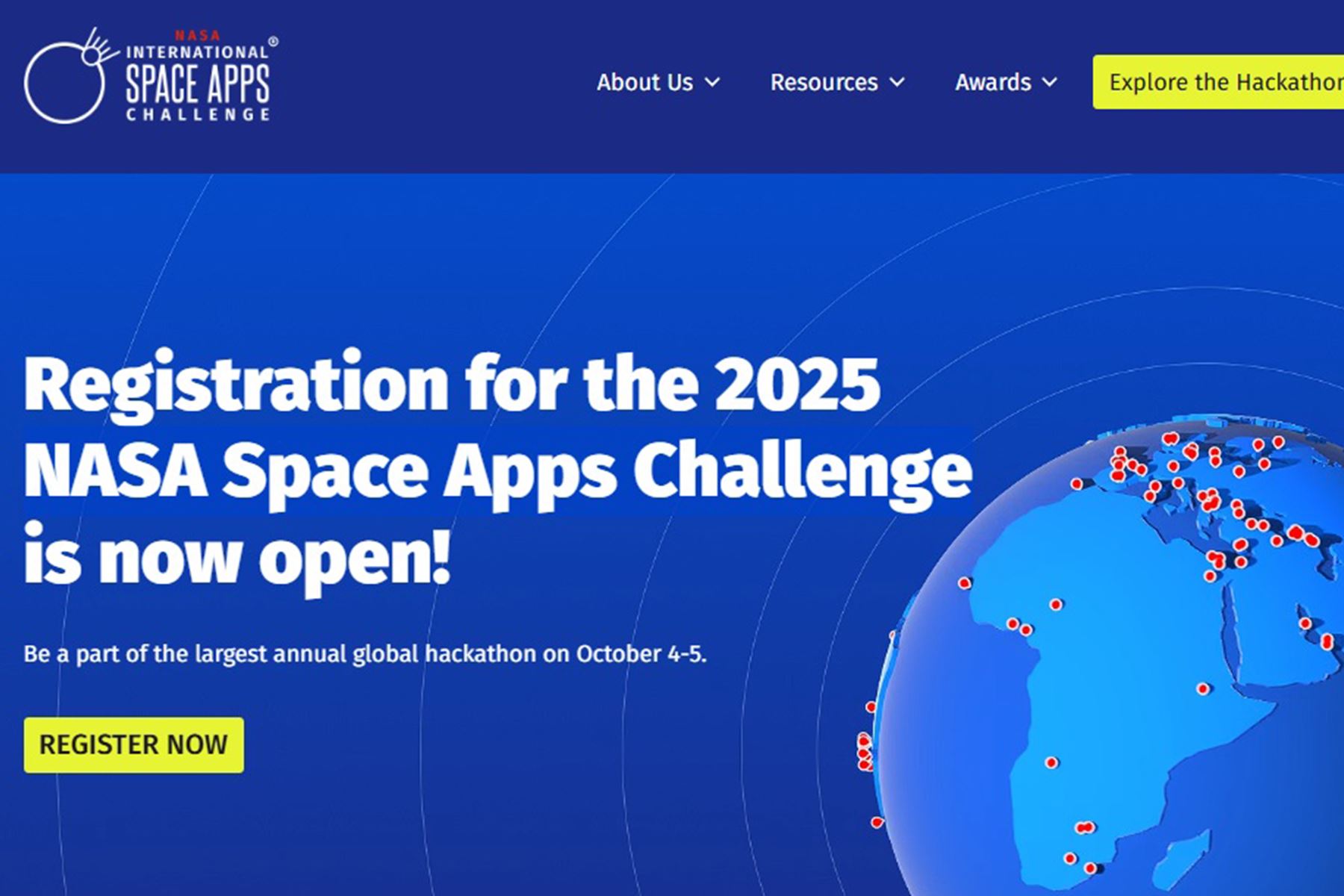 El Desafío Internacional de Aplicaciones Espaciales de la NASA, también conocido como NASA Space Apps Challenge, es el hackathon anual más grande del mundo. Este evento de dos días fomenta la innovación a través de la colaboración internacional al brindar a los participantes la oportunidad de utilizar los datos gratuitos y abiertos de la NASA.