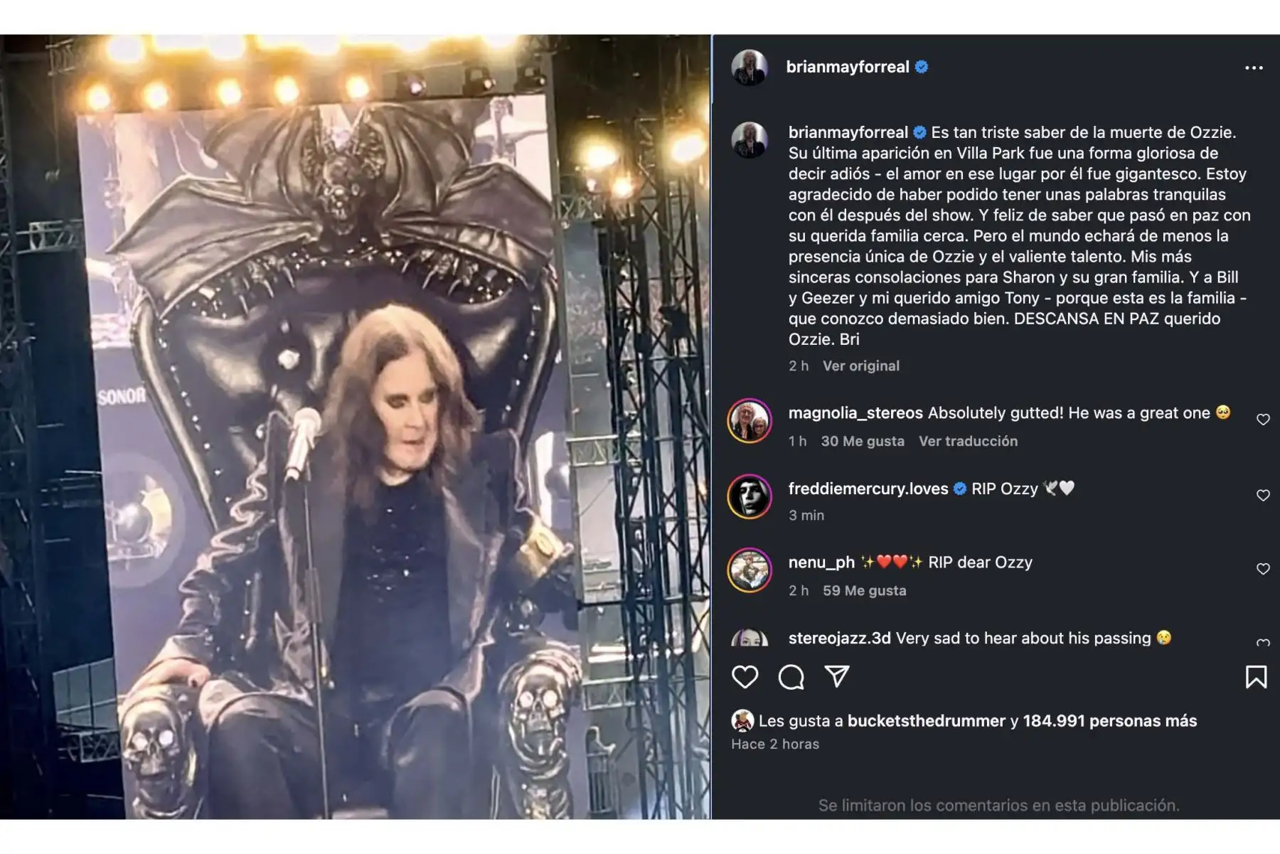 Ozzy Osbourne, legendario líder de Black Sabbath, falleció a los 76 años rodeado de su familia. Pionero del heavy metal, su legado marcó generaciones. Figuras como Brian May, Metallica y Rod Stewart lo despidieron con emotivos mensajes. Su último concierto en Birmingham fue un homenaje glorioso a su carrera. Ícono irrepetible, Ozzy será recordado como el Príncipe de las Tinieblas y eterno símbolo del rock más puro. Foto: Captura de pantalla