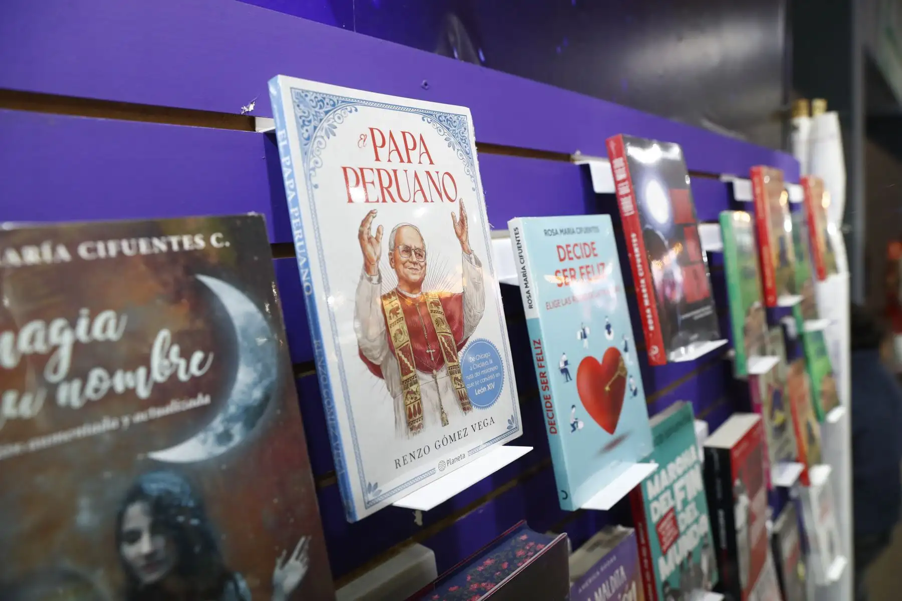 León XIV está presente en la Feria Internacional del Libro de Lima 2025, en Jesús María, a través de una variedad de publicaciones dedicadas a su figura. También destacan las imágenes a escala del pontífice, con las que numerosos asistentes interactúan y se toman fotografías como muestra de admiración. Foto: ANDINA/Daniel Bracamonte