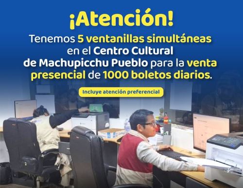 El Ministerio de Cultura informó que se ha optimizado la venta presencial de 1,000 boletos de ingreso a Machu Picchu que se realiza en el Centro Cultural del distrito de Machupicchu Pueblo. ANDINA/Difusión