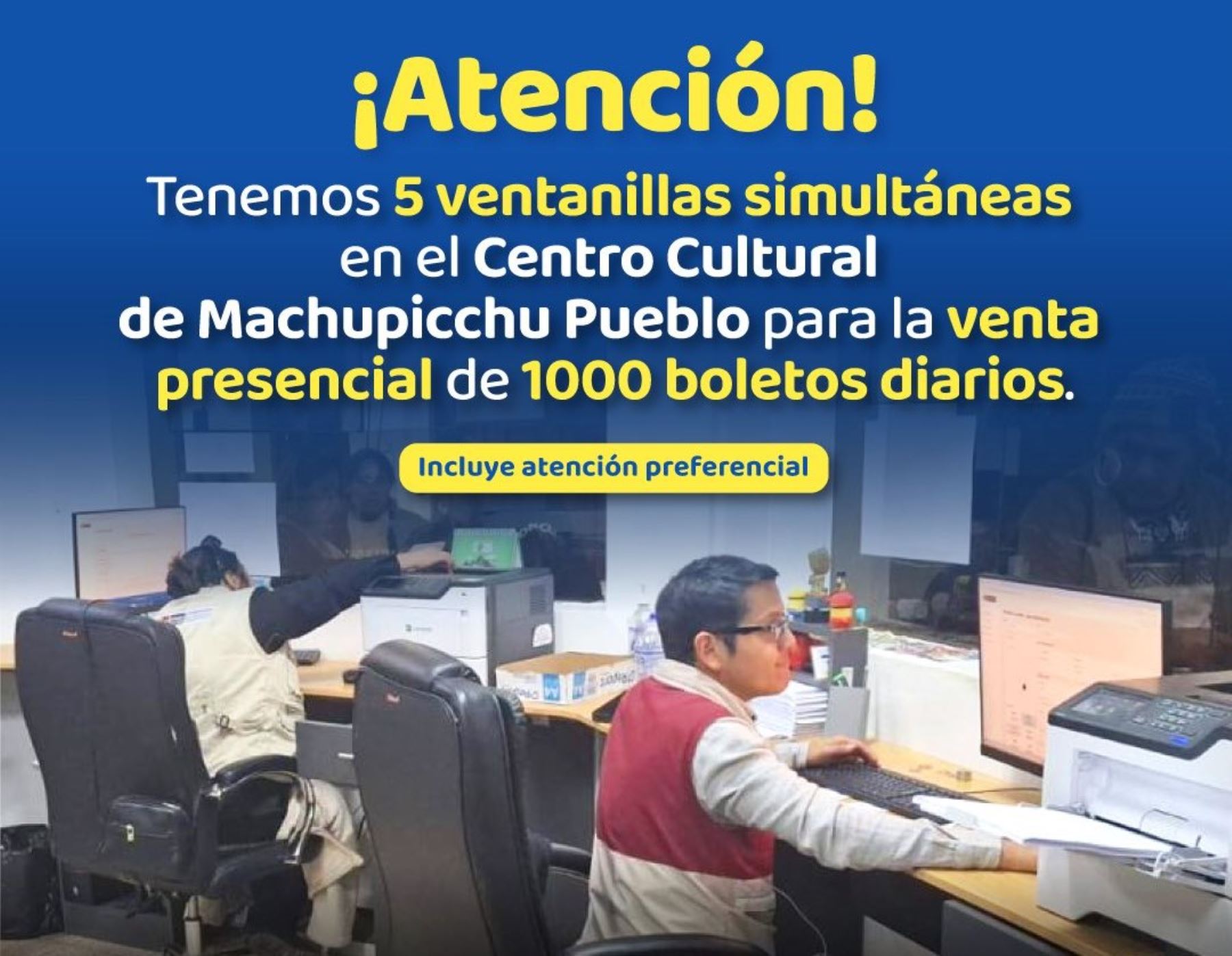 El Ministerio de Cultura informó que se ha optimizado la venta presencial de 1,000 boletos de ingreso a Machu Picchu que se realiza en el Centro Cultural del distrito de Machupicchu Pueblo. ANDINA/Difusión