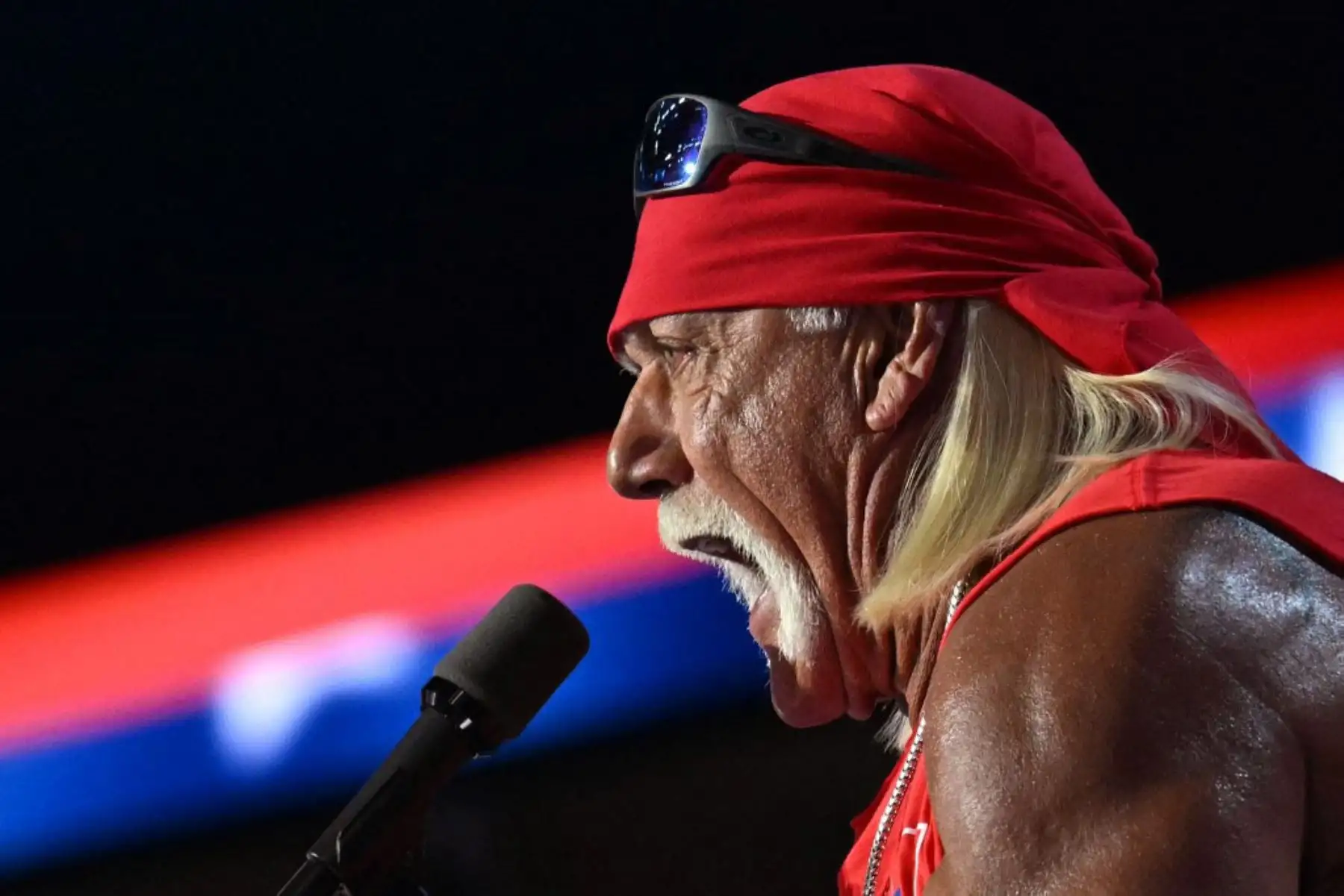 Hulk Hogan, conocido por su imponente físico de dos metros, su pañuelo y su distintivo bigote rubio, falleció en su casa de Florida. Foto: AFP