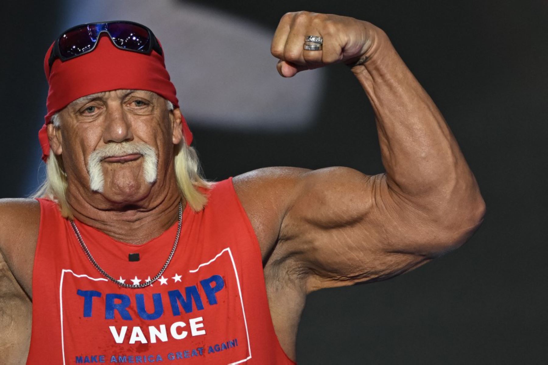 Hulk Hogan, conocido por su imponente físico de dos metros, su pañuelo y su distintivo bigote rubio, falleció en su casa de Florida. Foto: AFP