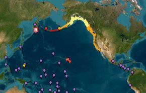Esta imagen, cortesía del Sistema de Alerta de Tsunamis de la Administración Nacional Oceánica y Atmosférica, muestra alertas de tsunami (rojo), avisos (naranja), vigilancias (amarillo) y amenazas (violeta) después de que un terremoto de 8.7 azotara el extremo este de Rusia el 30 de julio de 2025. Foto: AFP