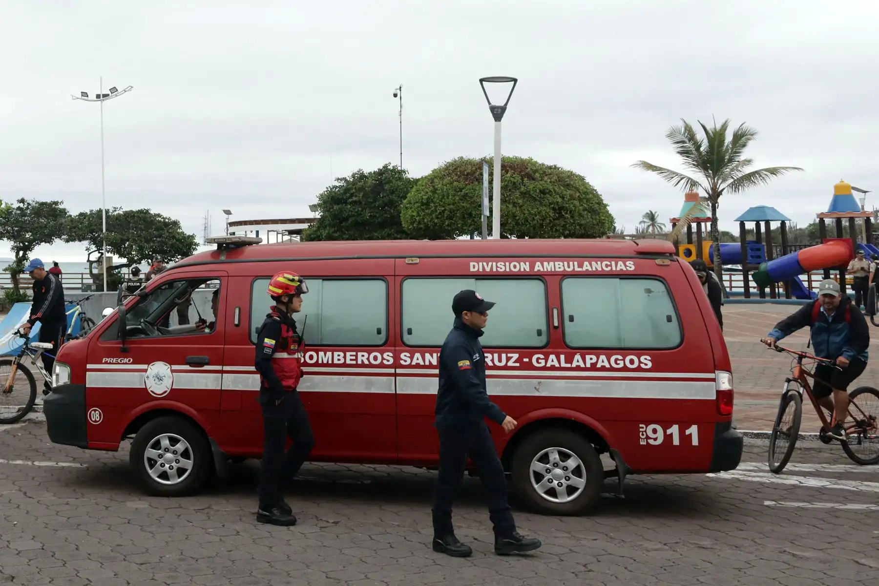 Bomberos permanecen en la zona del muelle durante una alerta de tsunami en Puerto Ayora, Isla Santa Cruz, Galápagos. Ecuador ordenó el martes la evacuación preventiva de playas, muelles y zonas bajas en las turísticas Islas Galápagos, a 1.000 km del continente, debido a una alerta de tsunami tras el terremoto de magnitud 8,8 registrado frente a la costa este de Rusia, informó la Secretaría de Riesgo.
Foto: AFP