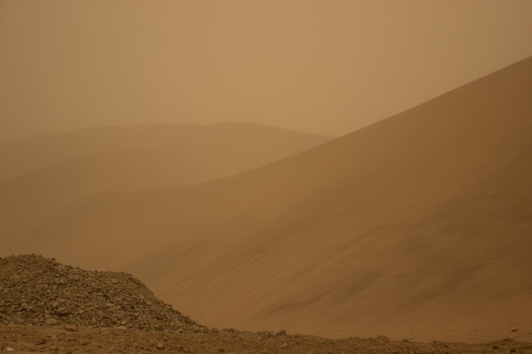 Una densa nube de polvo cubre el cielo durante una tormenta de arena en Ica, Perú, el 31 de julio de 2025. Los vientos de Paracas crearon una inusual tormenta de arena que cubrió con una densa nube de polvo el cielo de varias ciudades del Perú, obligando al cierre de varias carreteras de la zona. Foto: AFP