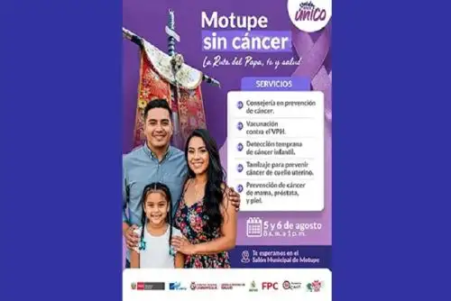 La jornada se realizará los días 5 y 6 de agosto en el Salón Municipal de Motupe, de 8:00 a. m. a 1:00 p. m., en el contexto de la festividad religiosa en honor a la Santísima Cruz de Motupe. Foto. Minsa