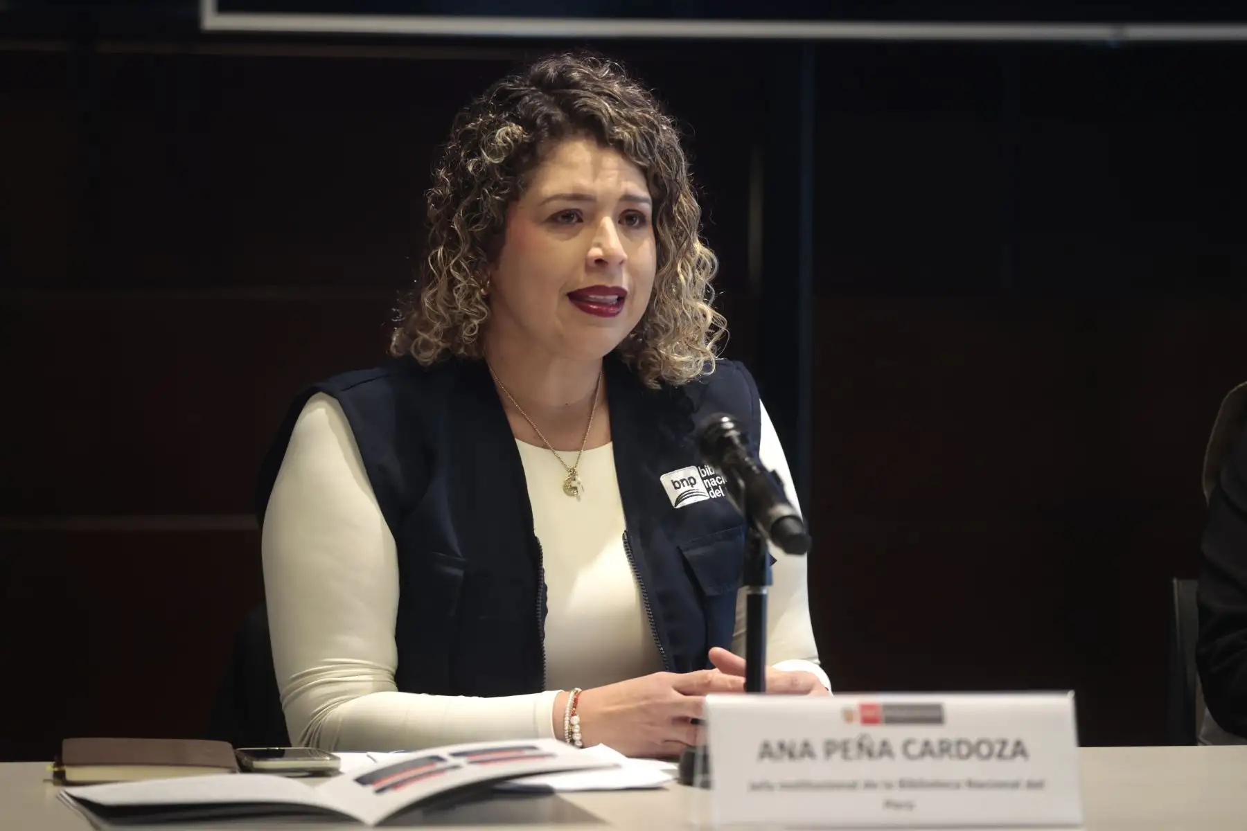 Ana Peña Cardoza, Jefe institucional de la Biblioteca Nacional, brindó unas declaraciones durante la ceremonia de recuperación de setenta bienes bibliográficos integrantes del Patrimonio Cultural de la Nación.
Foto: ANDINA/Vidal Tarqui