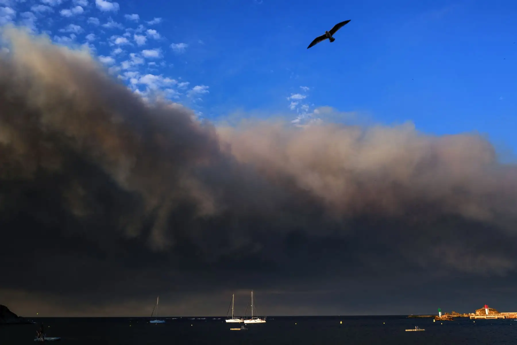 El humo de los incendios forestales que arrasan el departamento de Aude se ve desde la costa mediterránea en Banyuls-sur-Mer, suroeste de Francia. AFP