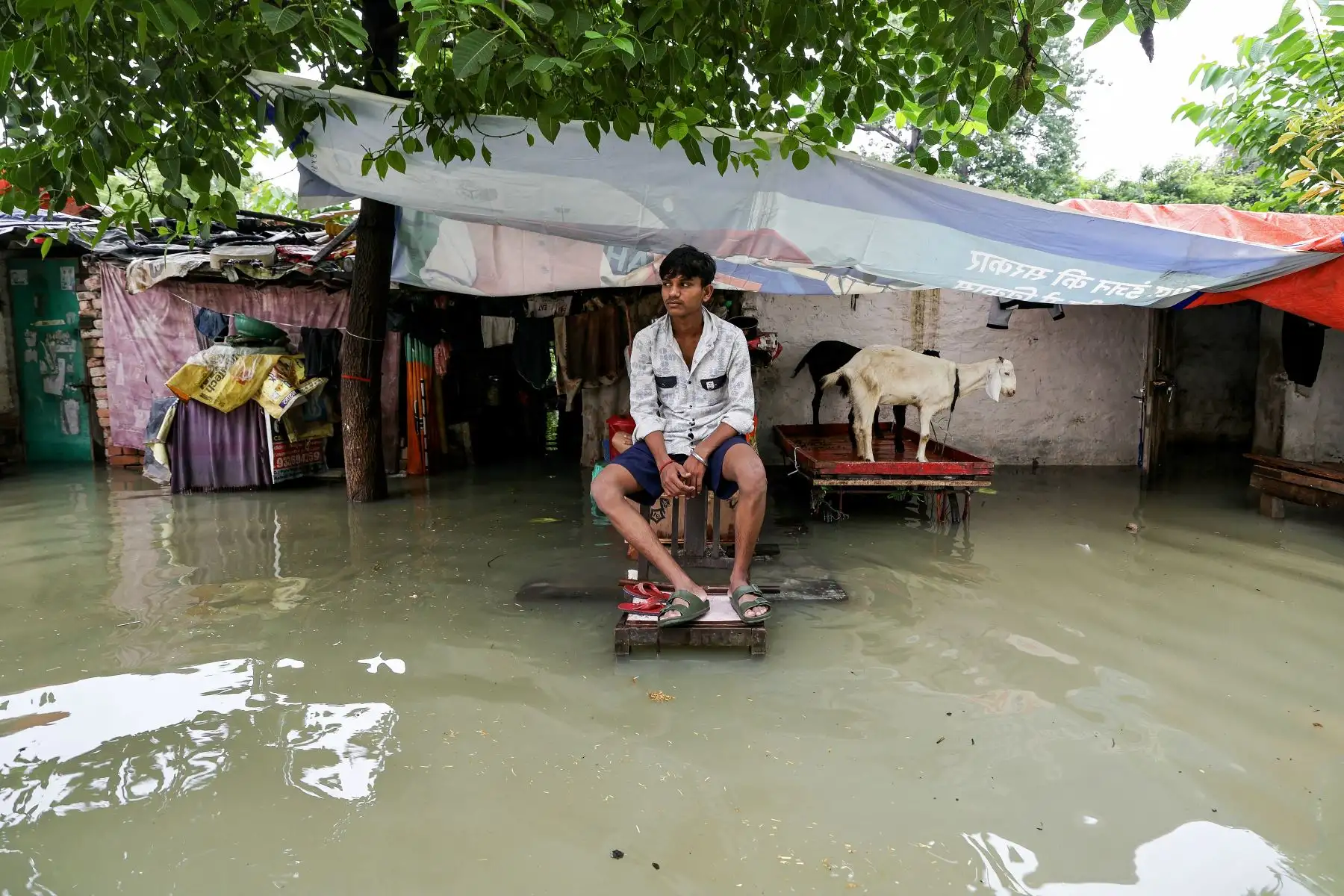 Un hombre se sienta afuera de su casa parcialmente sumergida en las aguas de la inundación después de que las fuertes lluvias monzónicas provocaron un aumento en el nivel del agua del río Ganges en Varanasi. AFP