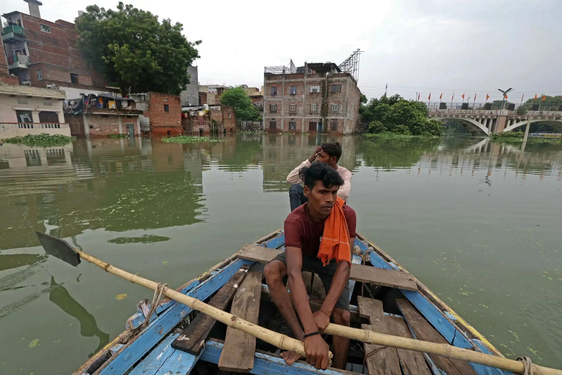 Un hombre rema en un bote junto a casas parcialmente sumergidas en las aguas de la inundación en una zona residencial después de que las fuertes lluvias monzónicas provocaron un aumento en el nivel del agua del río Varuna, en Varanasi.
Foto: AFP
