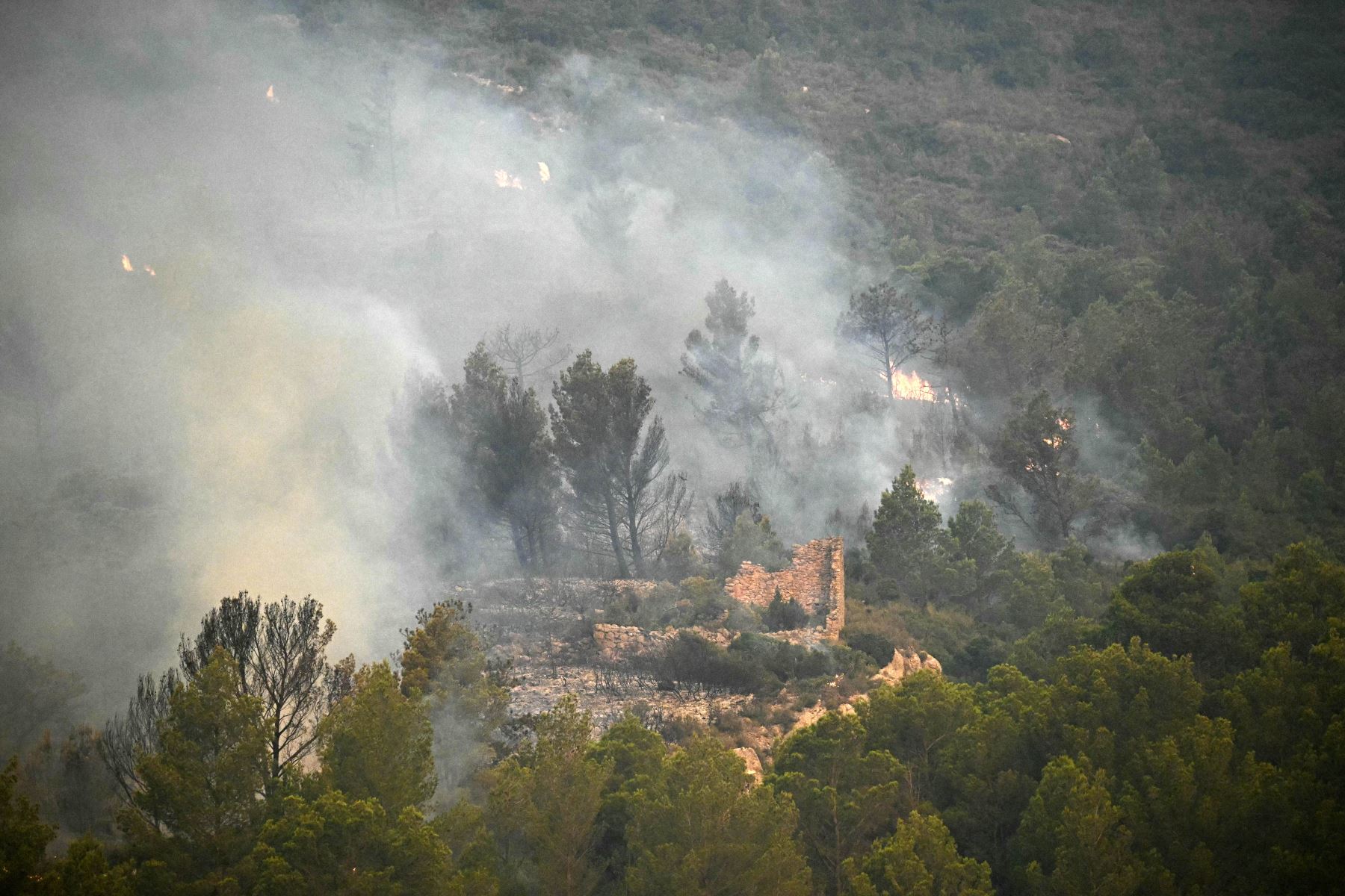El humo se eleva desde un incendio forestal cerca de Fontjoncouse, suroeste de Francia. Un incendio forestal ha causado la muerte de una persona y herido a otras nueve, arrasando 11.000 hectáreas mientras los bomberos trabajan para contenerlo, según informaron las autoridades locales. 
Foto: AFP