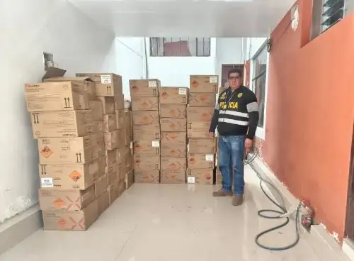 Personal de Arepofis de la Policía Nacional  de Juliaca incautó en la provincia de Moho, región Puno, 64 cajas de explosivos, valorizadas en 420,000 soles, por su presunto origen ilegal. ANDINA/Difusión