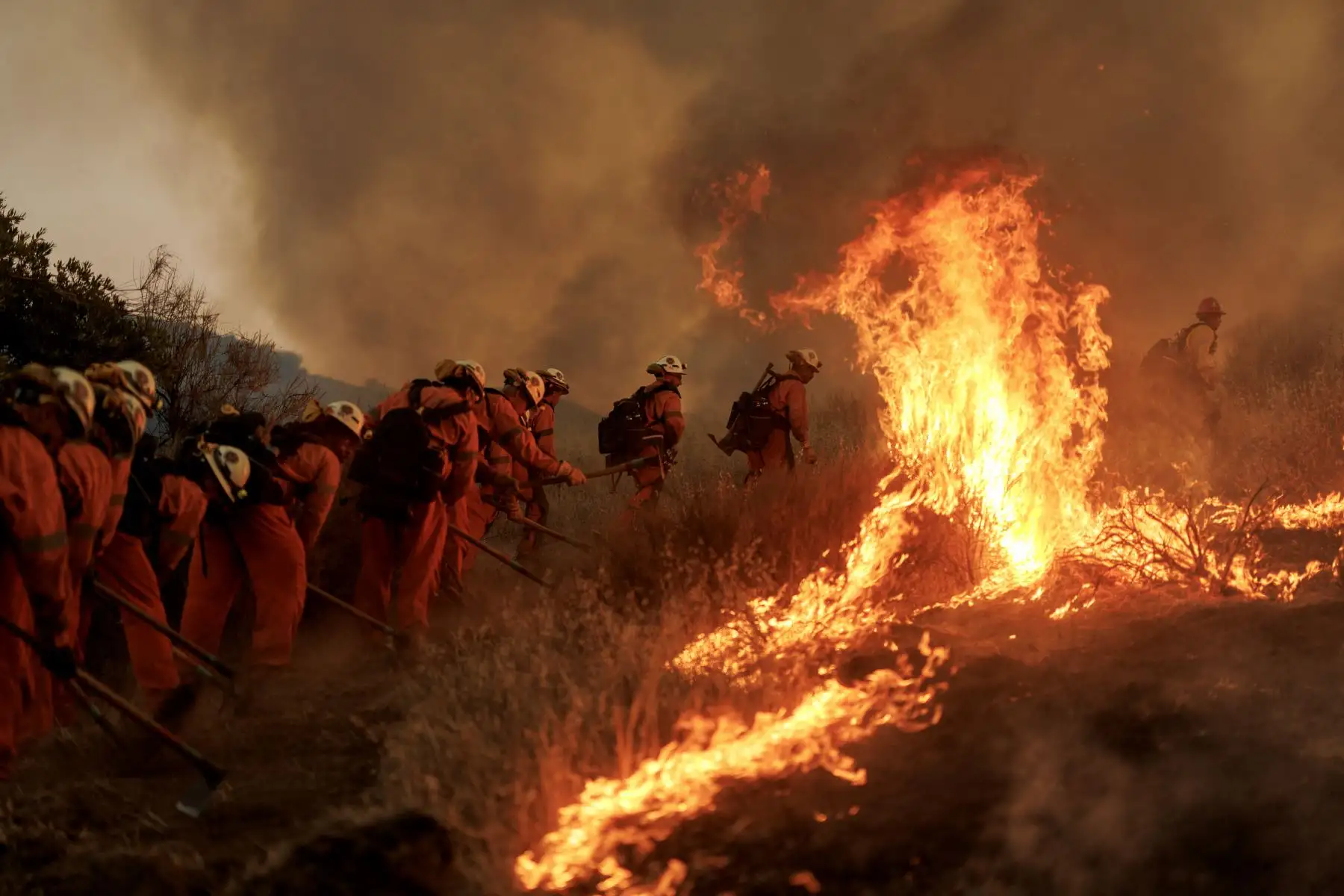 Los bomberos luchan contra las llamas del incendio Canyon  en Castaic, California. AFP