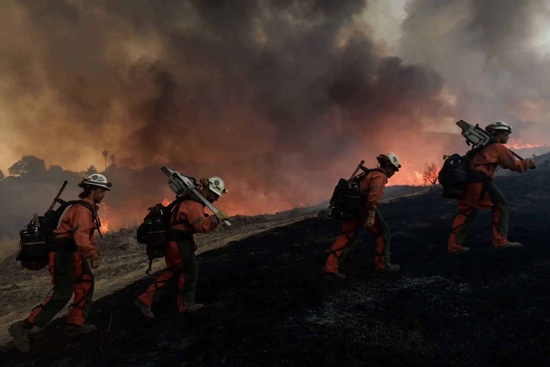 Los bomberos caminan por una ladera cerca de las llamas del incendio Canyon  en Castaic, California. AFP