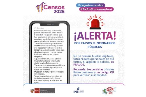 INEI alerta por falsos funcionarios que intentan cometer fraudes y robos en viviendas. Foto: ANDINA/Difusión