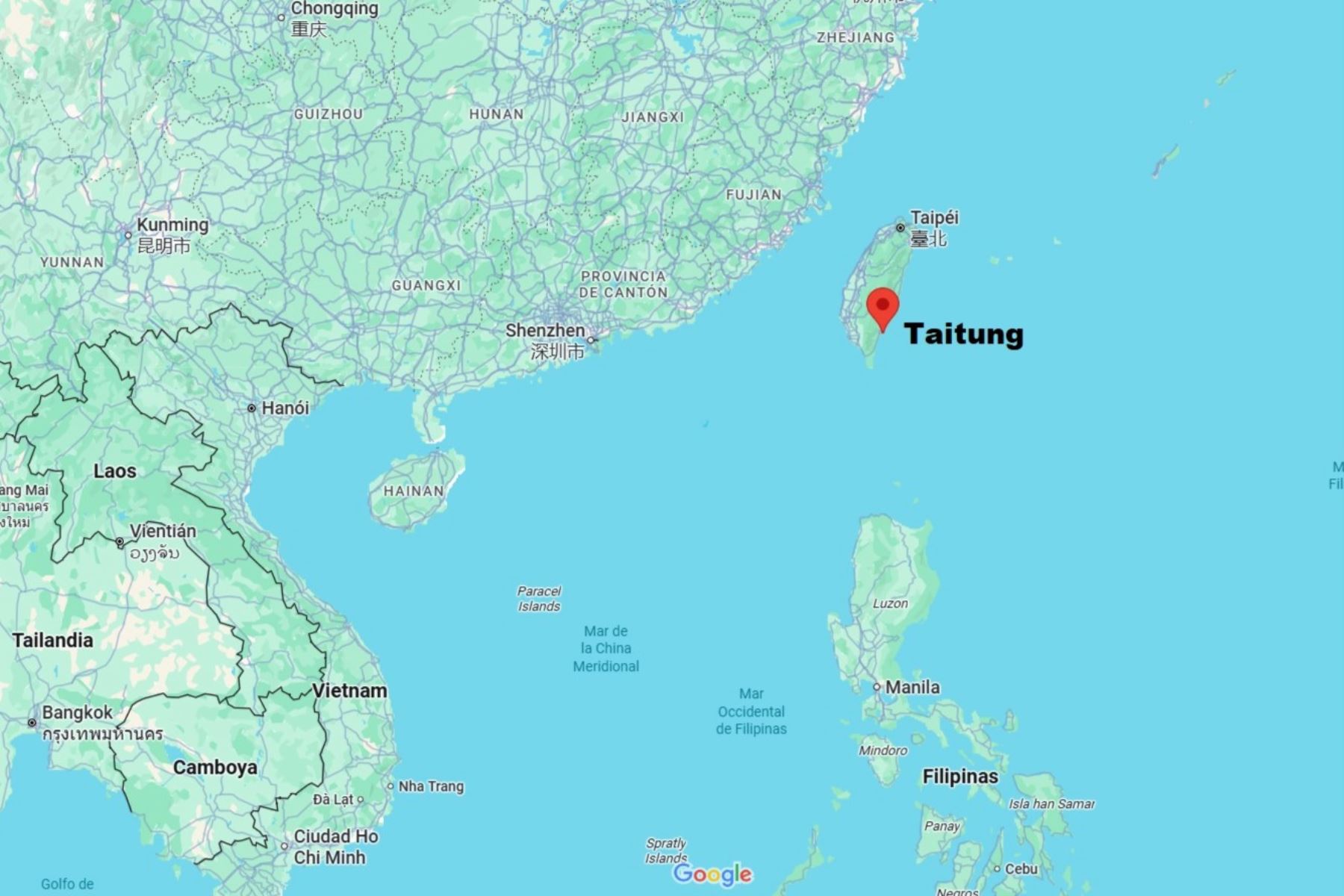 Mapa de localización de Taitung, donde tocará tierra el tifón Podul. Imagen: Google Maps.